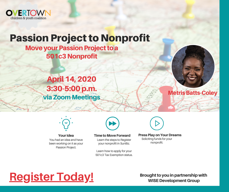 You had an idea & have been working on it as your Passion Project. Learn how to apply for 5013c tax exempt status, with Metris Batts-Coley. Register Today!